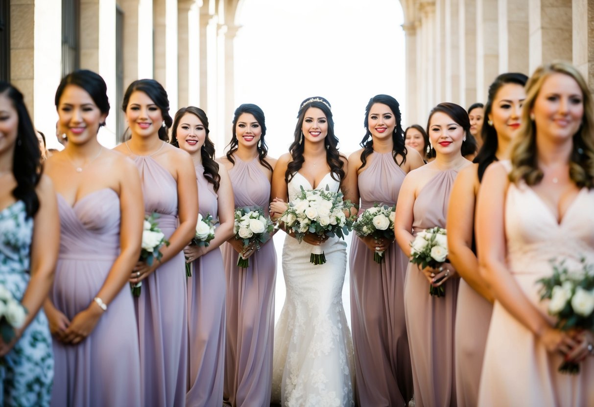 A line of bridesmaids walking down the aisle, with the first one leading the way