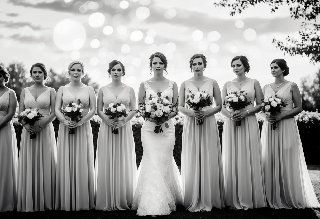 A group of bridesmaids stand in a line, each holding a bouquet. The first bridesmaid steps forward, while the others stand behind her, waiting their turn