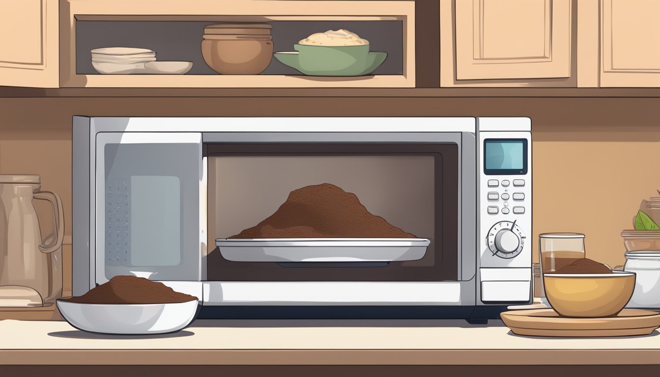 A microwave with a bowl of chocolate mousse inside, a timer set, and a person reading a recipe book nearby