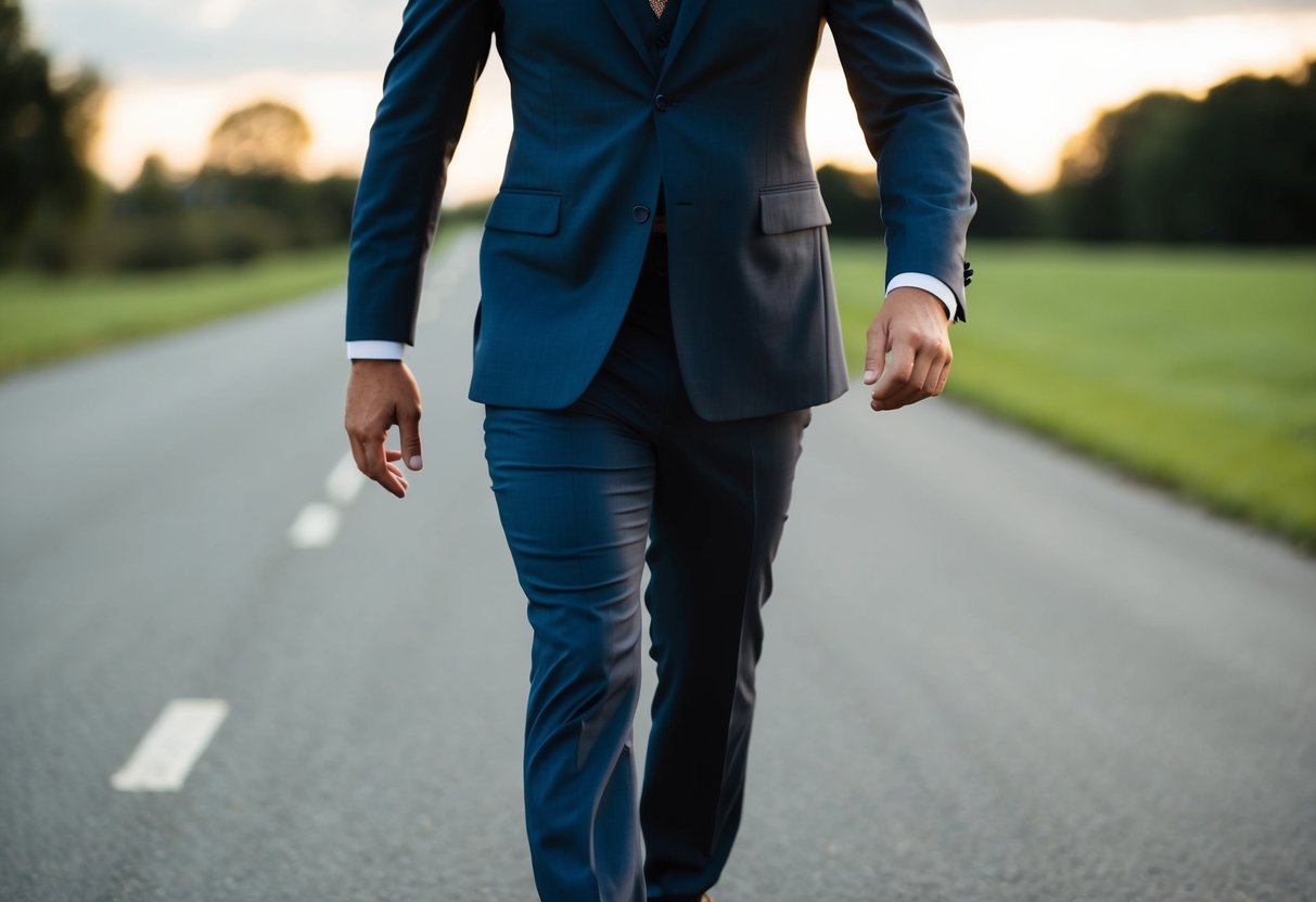 The groom strides out confidently, leading the way