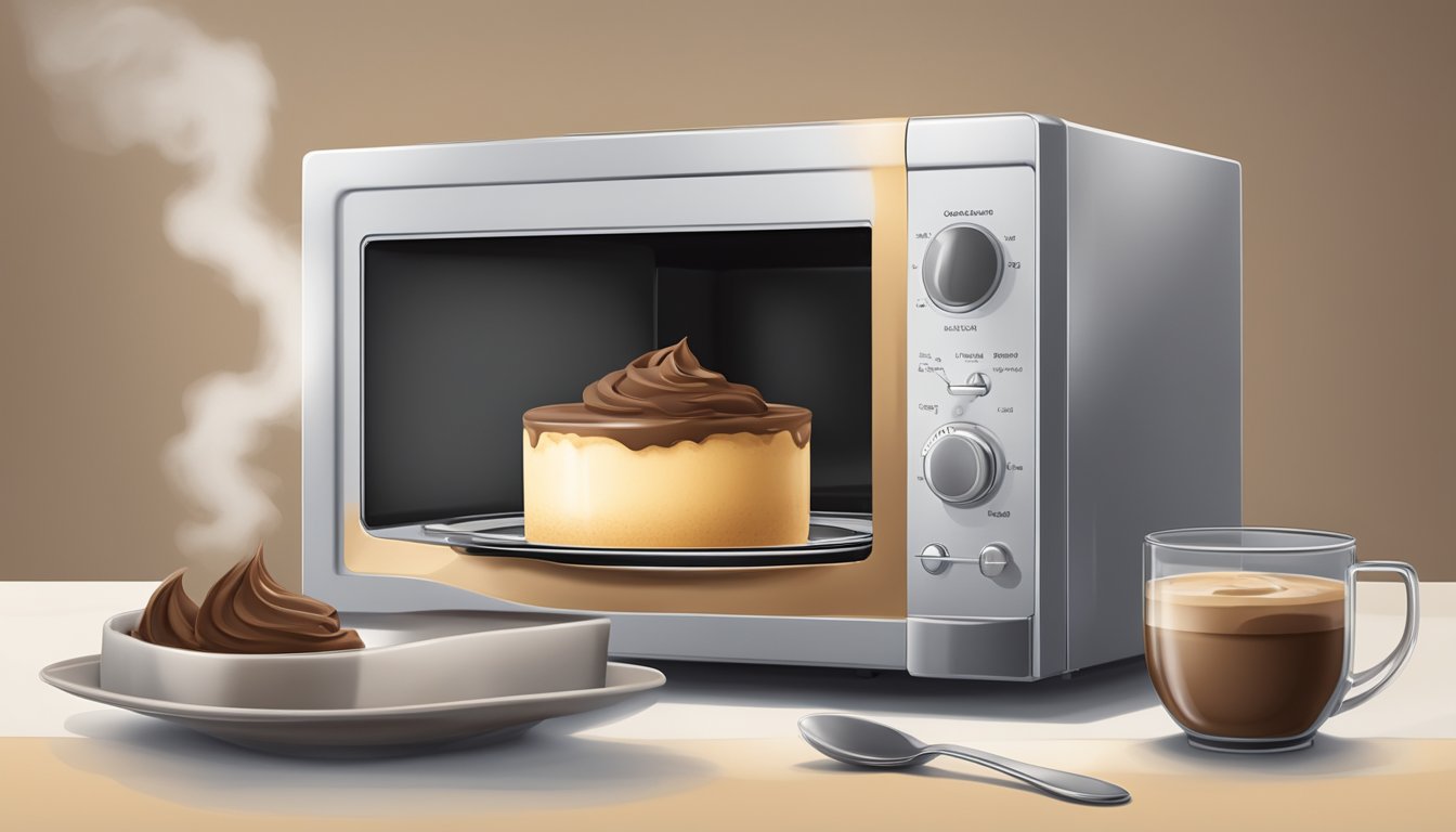 A microwave with a bowl of chocolate mousse inside, a spoon resting on the edge, and steam rising from the creamy dessert