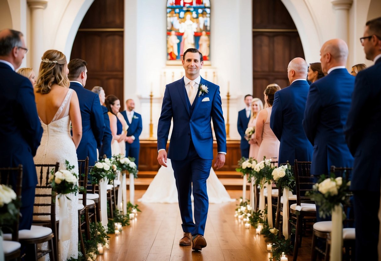 The groom leads the wedding procession, walking with confidence and anticipation towards the altar