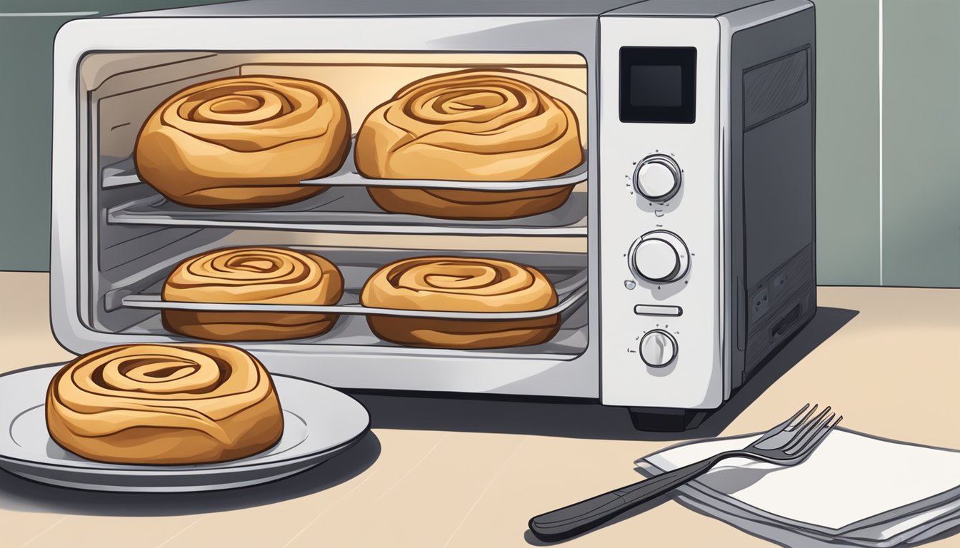 Cinnamon rolls placed on a microwave-safe plate, covered with a paper towel, and being reheated in the microwave