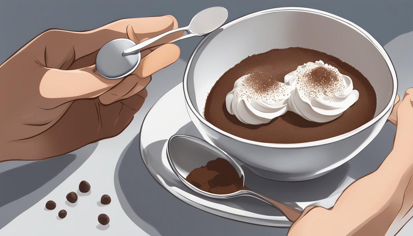 A hand holding a spoon hovers over a perfectly plated chocolate mousse, with a dollop of whipped cream and a sprinkle of cocoa powder as final touches