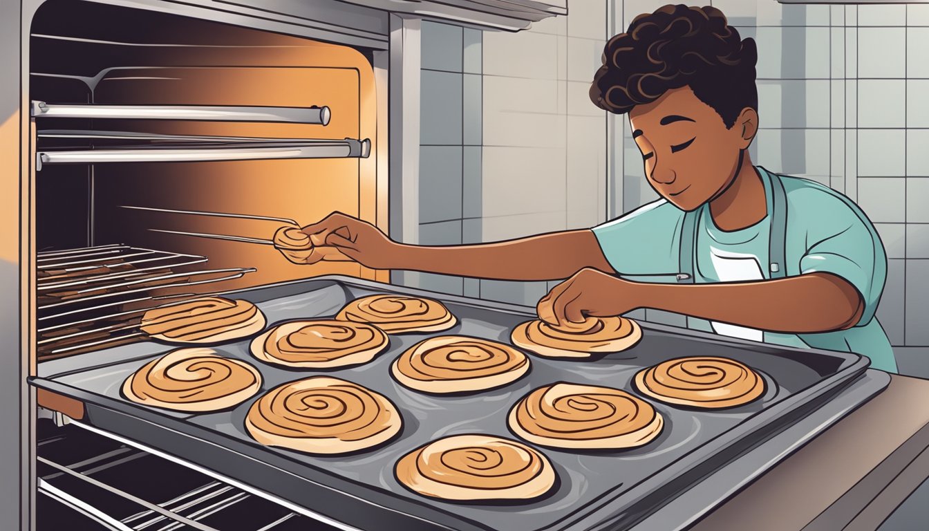 A person placing cinnamon rolls on a branded baking sheet in the oven, following the specific reheating instructions provided by the brand