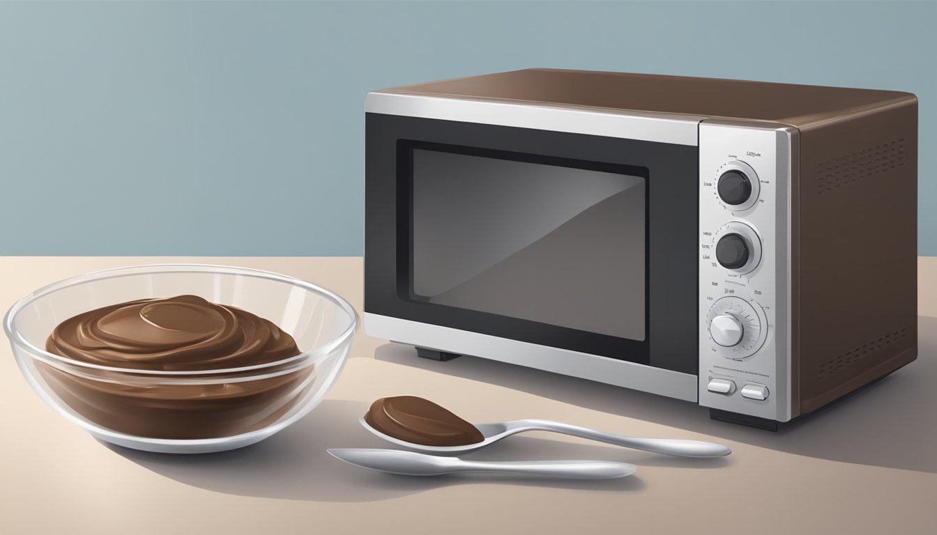 A microwave with a bowl of chocolate mousse covered with plastic wrap, a spoon, and a timer set for gentle reheating