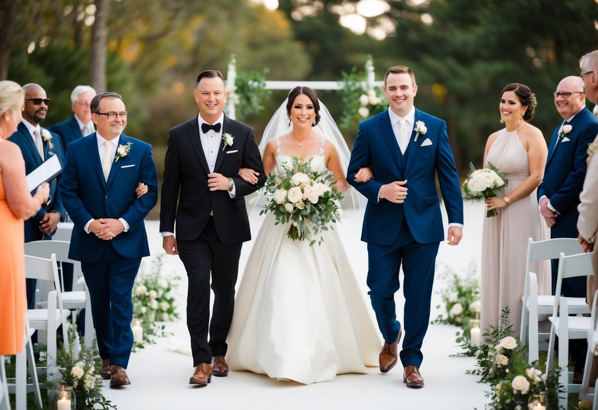 The groom leads the procession, followed by the officiant and the best man, as they make their way to the ceremony space