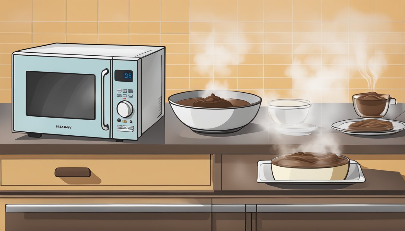 A microwave with a bowl of chocolate mousse inside, with a timer set and steam rising from the bowl