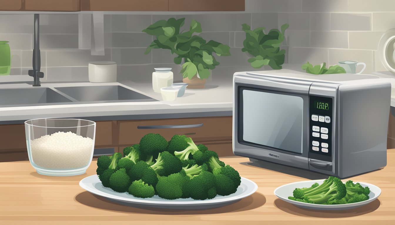 A microwave and a plate of Chinese beef and broccoli sitting next to a container of white rice on a kitchen counter