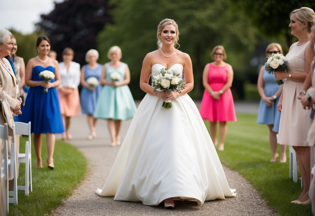 The maid of honor leads the way, her presence commanding attention as she walks with purpose and grace