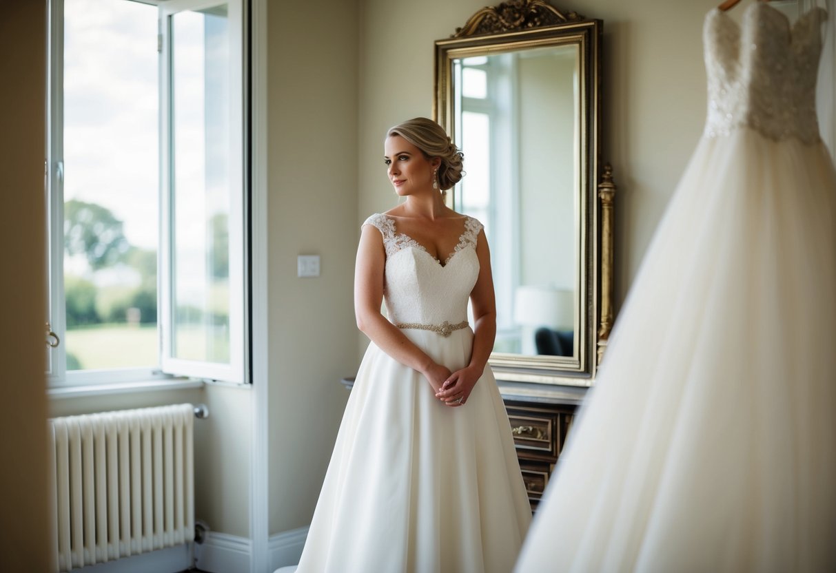 A bride standing alone in front of a mirror, holding her wedding dress, looking contemplative