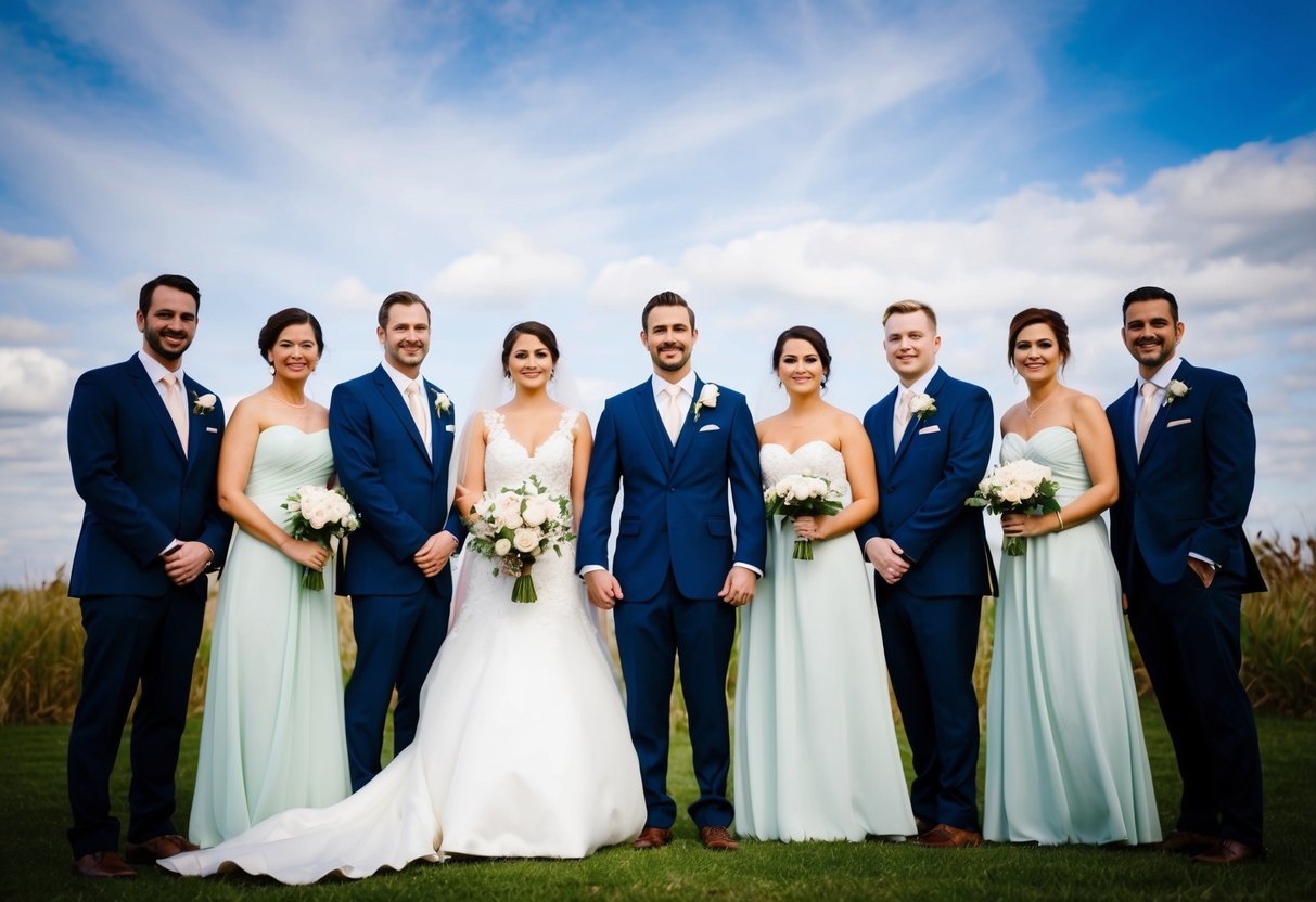 A bride and groom stand side by side, surrounded by their wedding party. The absence of a maid of honor is evident as the group poses for a photo