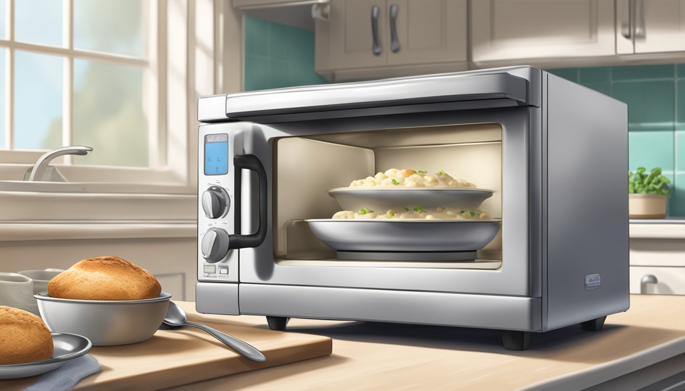 A steaming bread bowl of clam chowder being carefully placed into a microwave, with a spoon resting on the side and a kitchen towel nearby