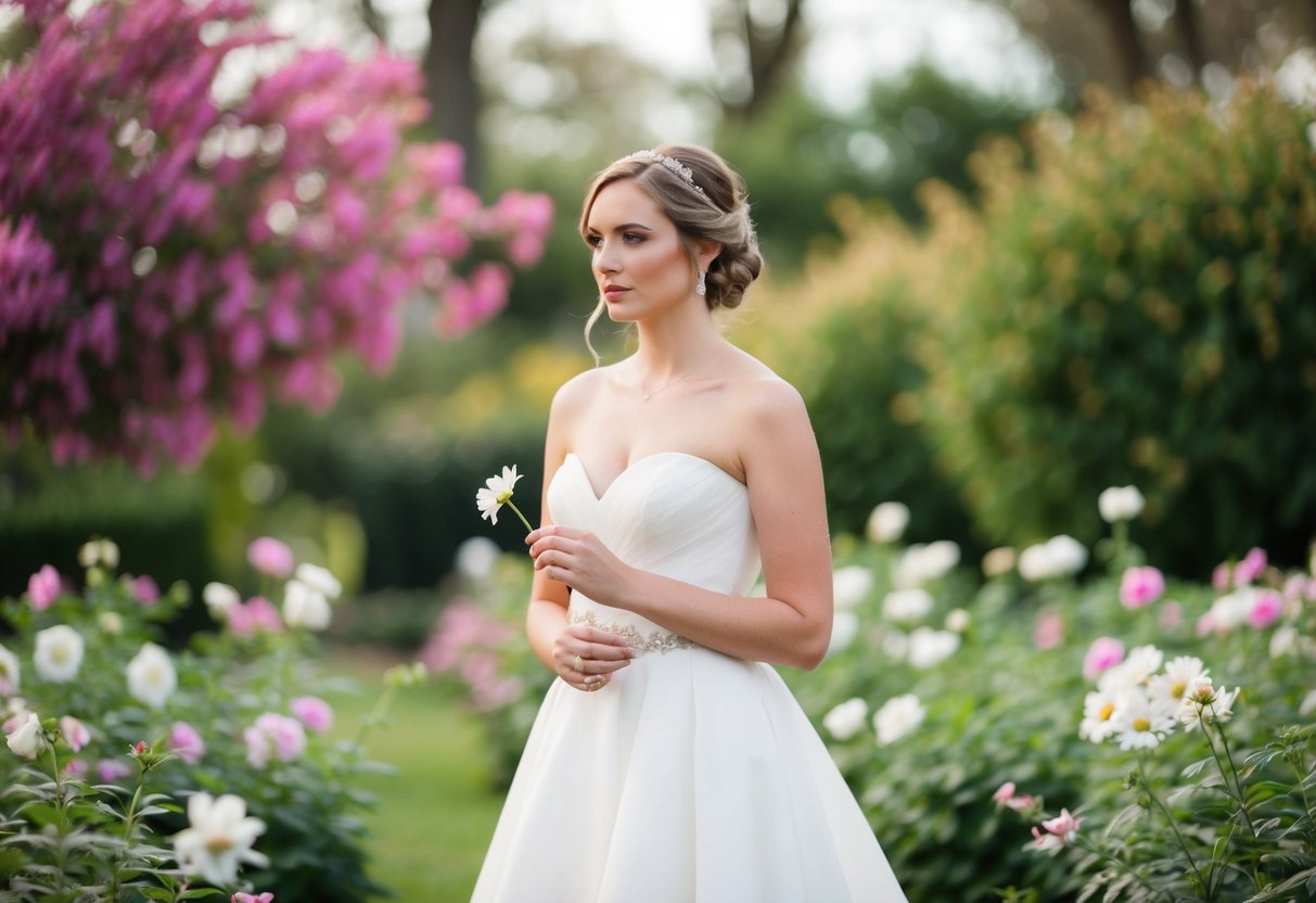 A bride stands alone in a garden, surrounded by blooming flowers. She looks contemplative, holding a single flower in her hand