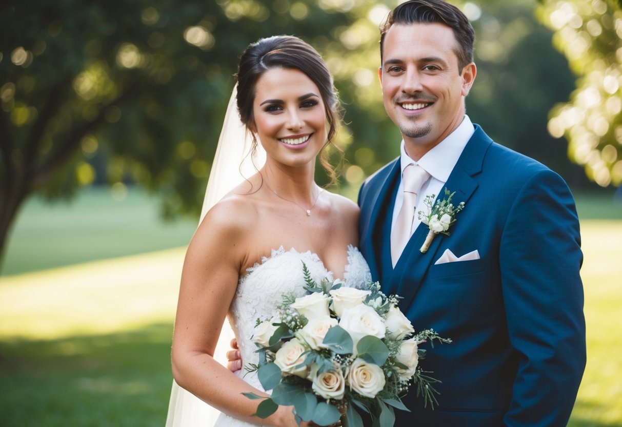 A woman holding a bouquet stands next to the groom, smiling