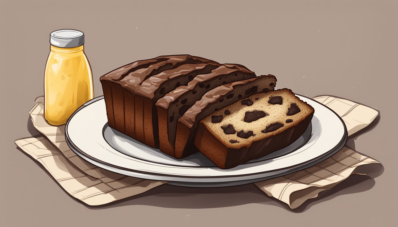 A slice of chocolate banana bread on a plate, placed in a microwave next to a damp paper towel