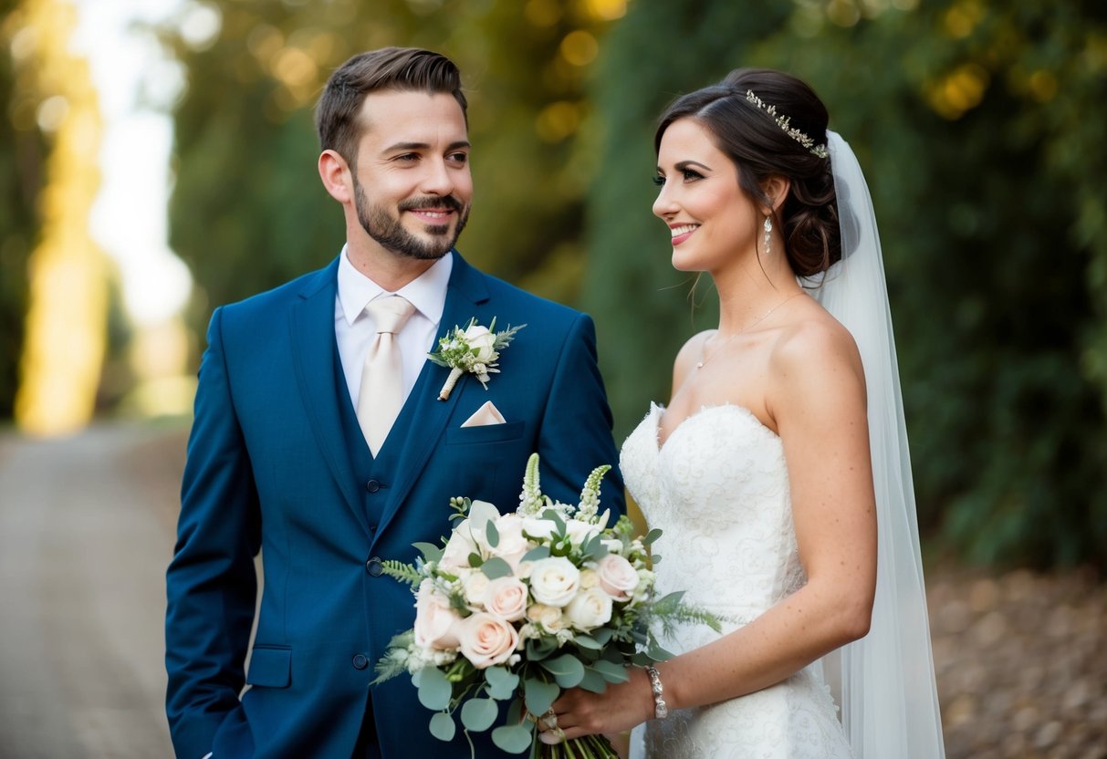A woman stands beside the groom, holding a bouquet and wearing a dress