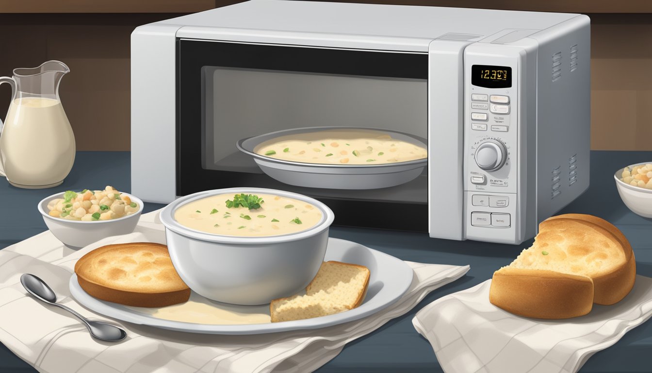 A microwave with a steaming clam chowder bread bowl inside, a spoon resting on a napkin, and a bowl of additional chowder beside it