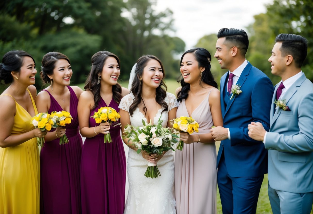 A group of diverse bridesmaids and groomsmen stand in a circle, laughing and chatting. The bride is at the center, surrounded by her supportive friends