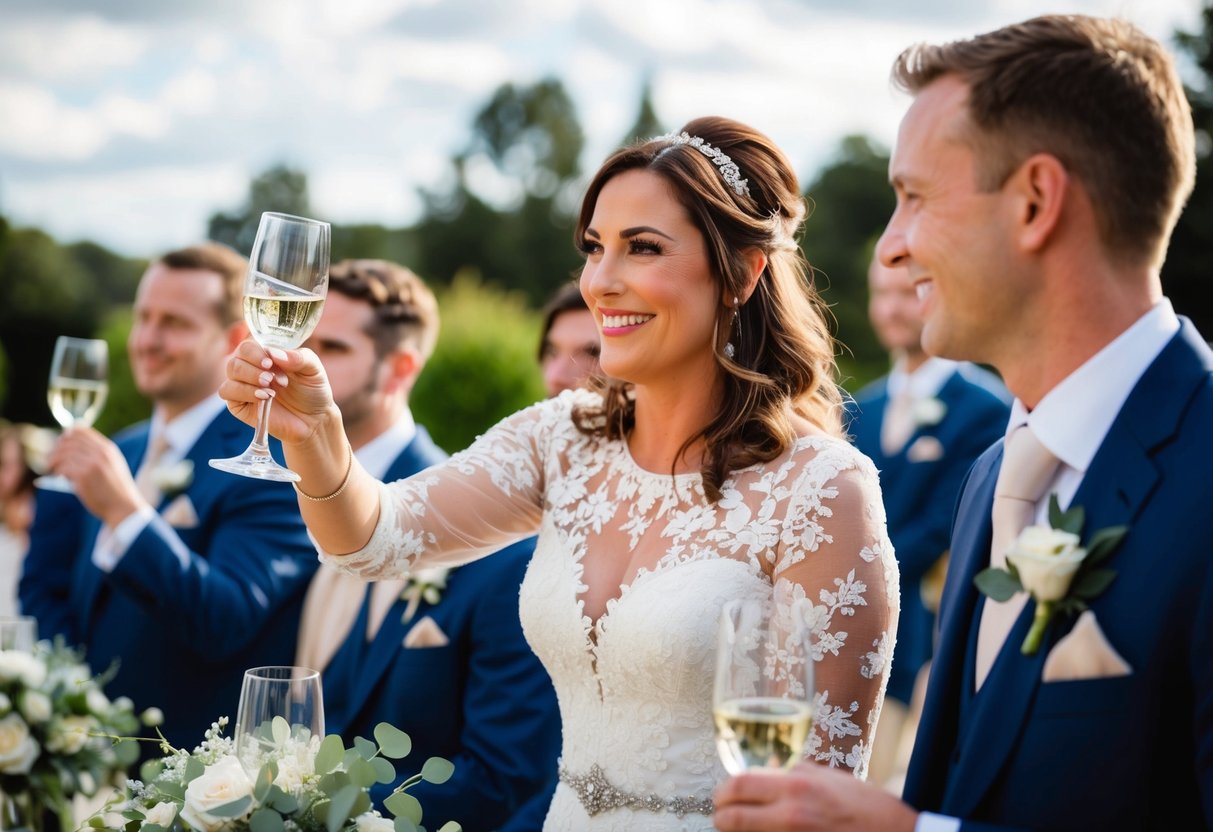 A woman raises a glass, smiling at the groom. Others listen attentively, holding their own glasses