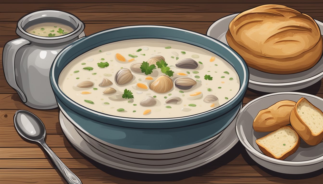 A steaming bowl of clam chowder sits atop a rustic wooden table, surrounded by a freshly baked bread bowl and a small pot of simmering soup