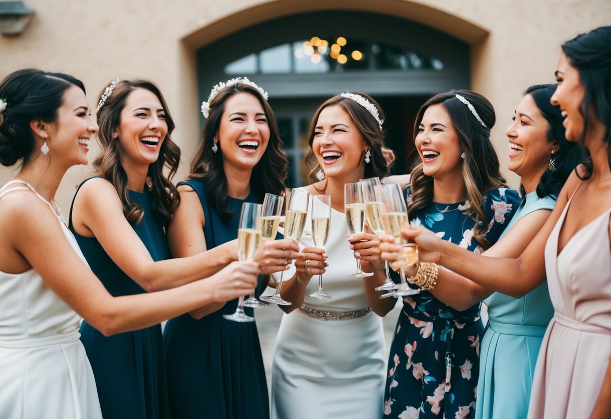 A group of friends laughing and toasting with champagne at a pre-wedding celebration, without a designated maid of honor