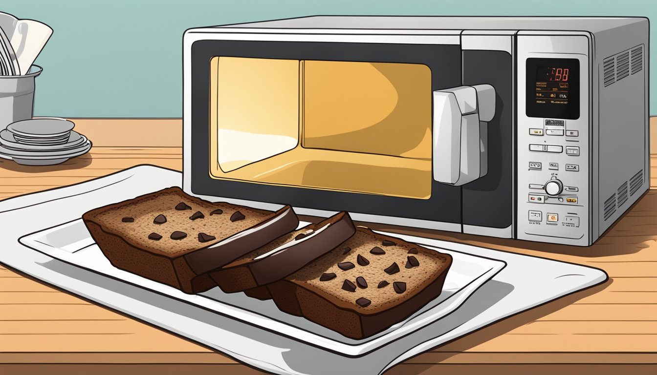 A slice of chocolate banana bread being placed in a microwave on a plate, with a cover to prevent drying out