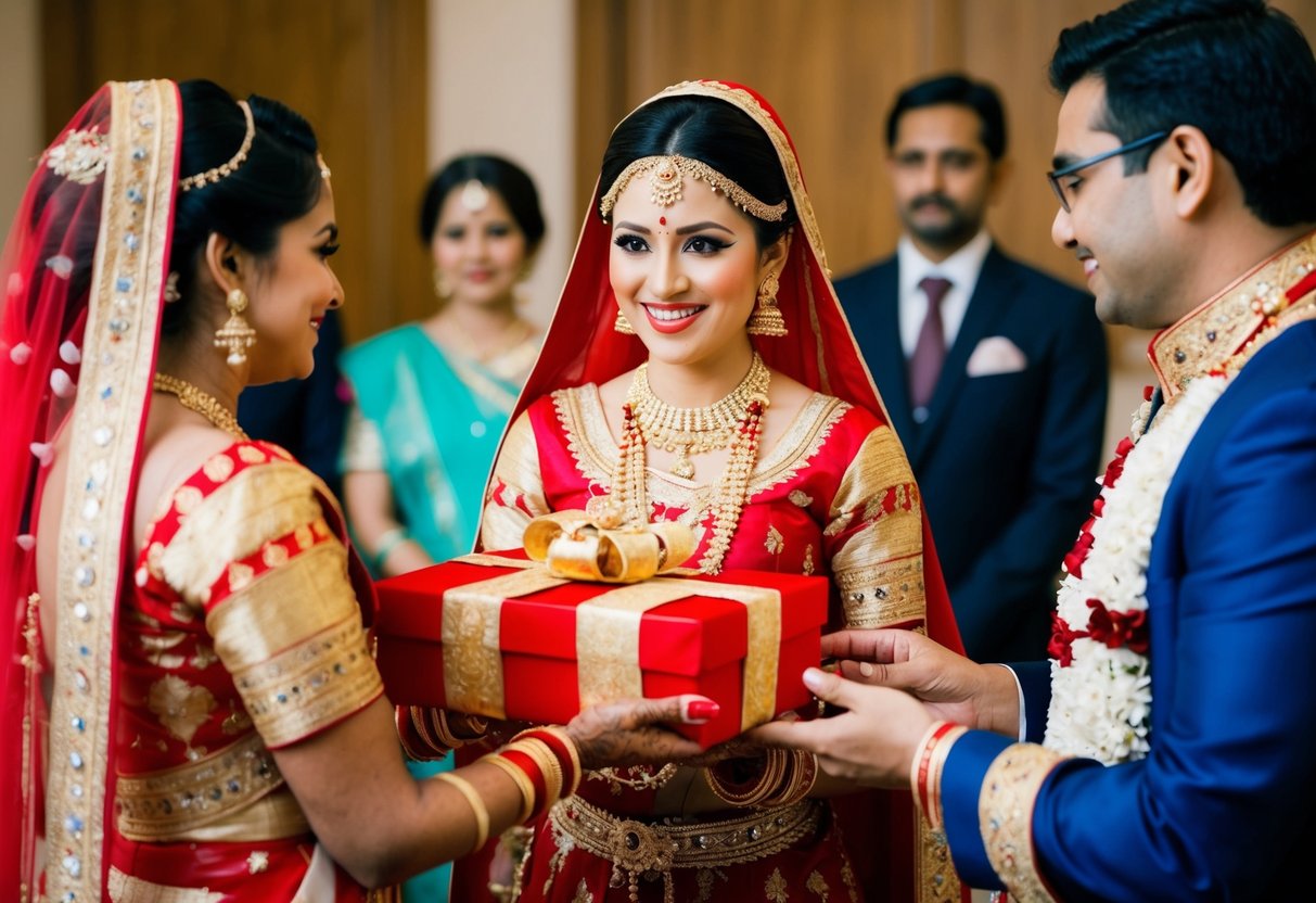 A woman in traditional dress presents a ceremonial gift to the bride
