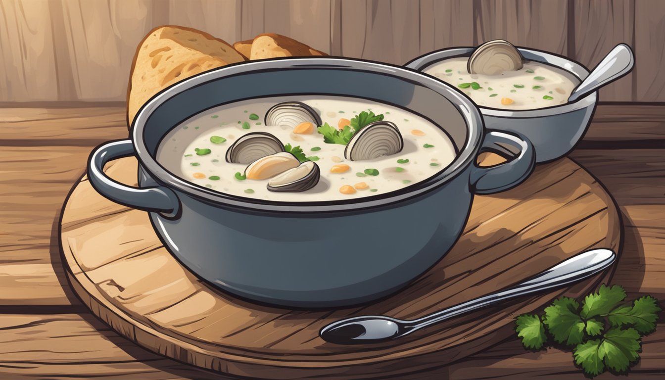 A steaming bread bowl of clam chowder sits on a rustic wooden table, with a spoon resting on the side