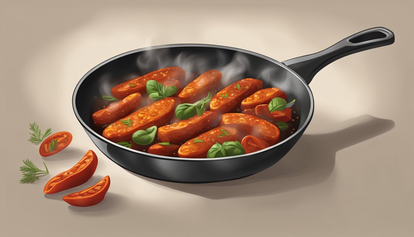 A skillet sizzling with reheated chorizo, emitting steam and a rich aroma