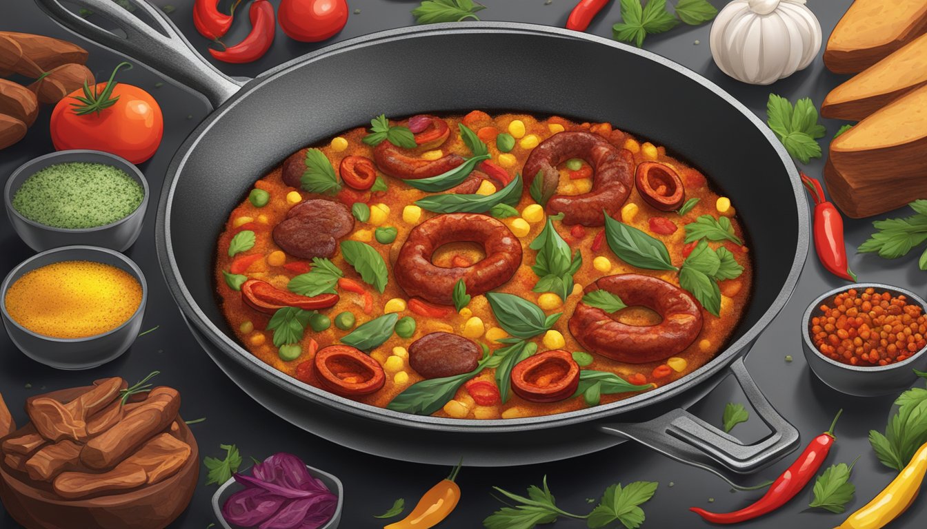 A skillet sizzling with reheated chorizo, emitting a savory aroma, surrounded by colorful spices and herbs