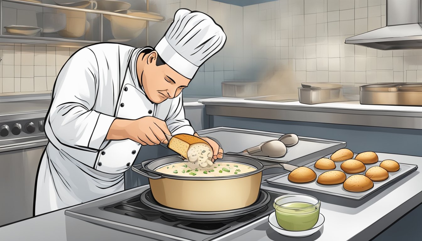 A chef carefully reheating clam chowder in a bread bowl, using a thermometer to ensure proper temperature and quality control