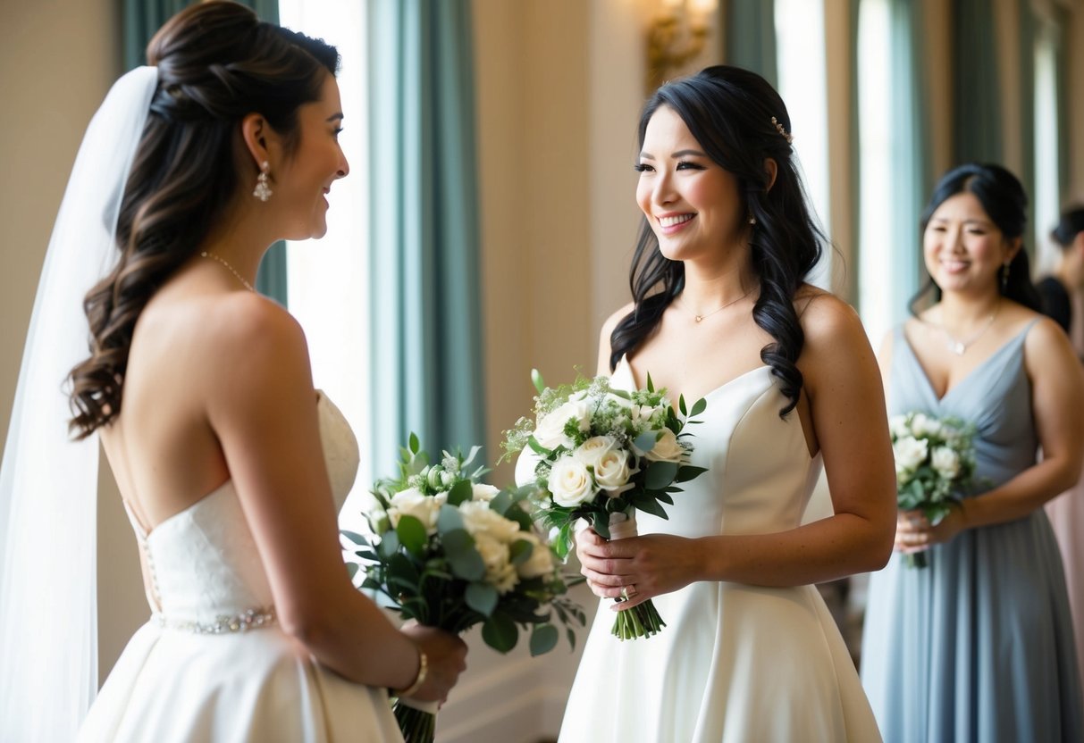 A woman stands in a white gown, holding a bouquet. She faces another woman, who smiles warmly, holding a smaller bouquet