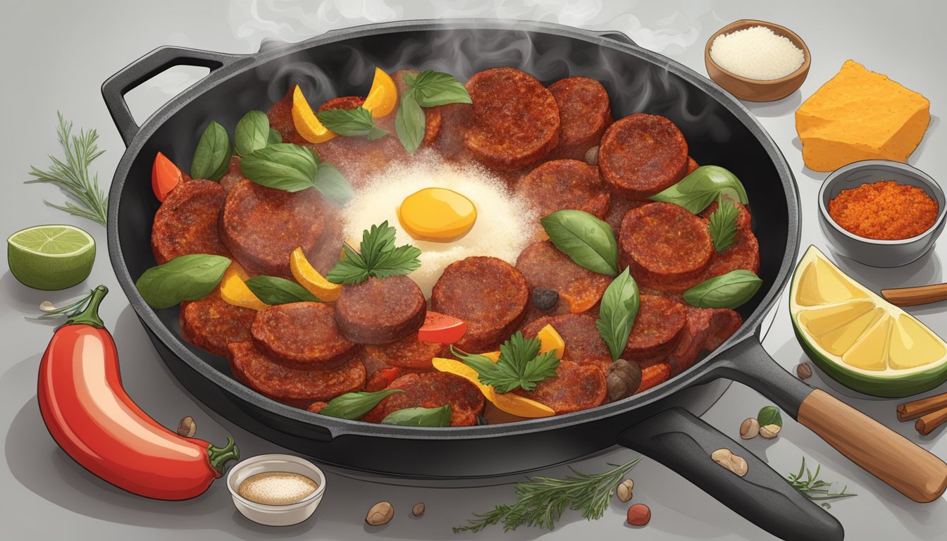 A skillet with sizzling chorizo, surrounded by various ingredients and spices, as steam rises from the pan