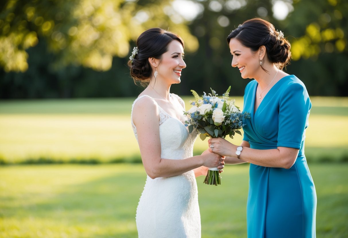 A woman stands beside the bride, holding her bouquet and adjusting her dress. She smiles and offers support