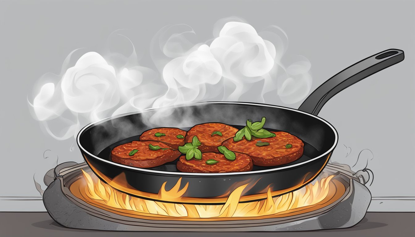 A sizzling skillet with reheated chorizo, steam rising