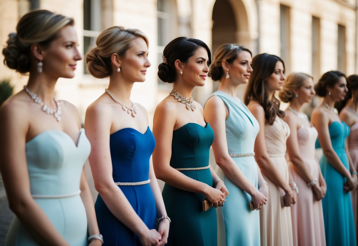 A group of women in elegant dresses stand in a line, with one woman in the center slightly elevated. She is adorned with a distinctive accessory