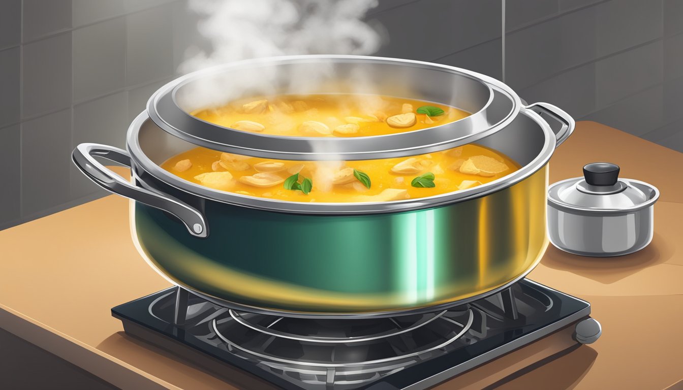 A pot of coconut curry soup being reheated on a stovetop, with steam rising and the rich aroma filling the kitchen