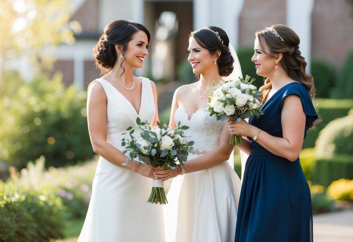 A maid of honor holding a bouquet and standing beside the bride, offering support and assistance on her wedding day