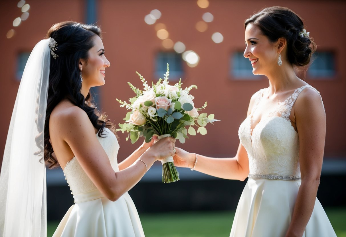 A woman in a long dress handing a bouquet to the bride