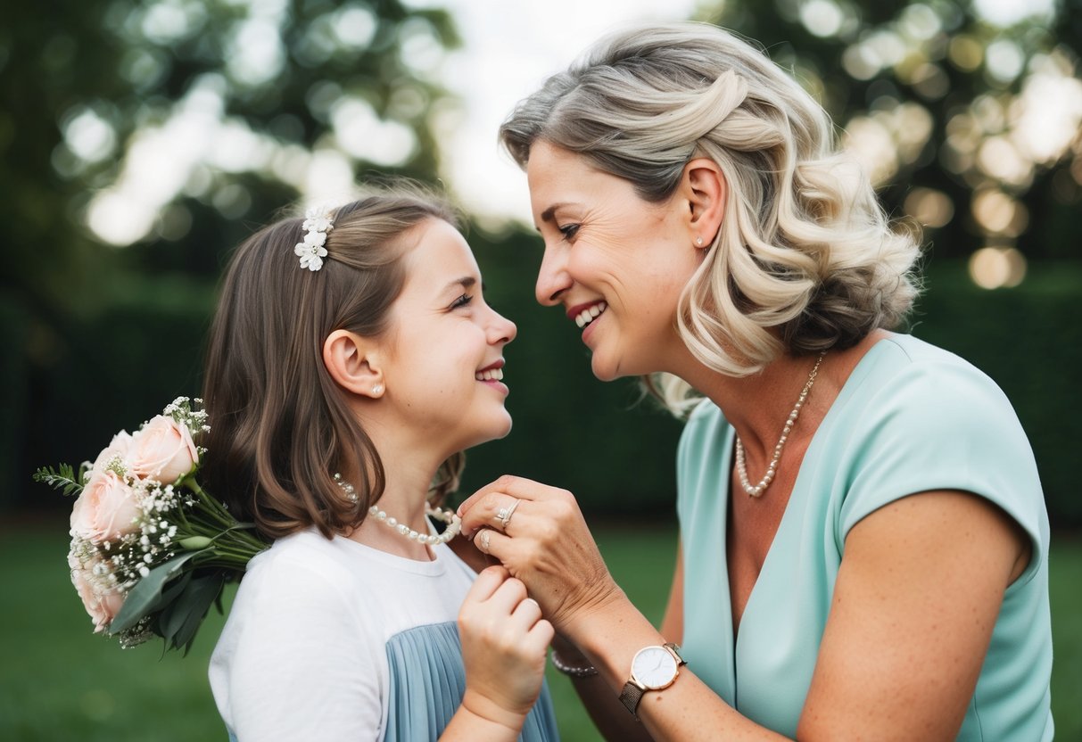 A mother and daughter sharing a tender moment, with the daughter holding a bouquet and the mother placing a necklace around her neck
