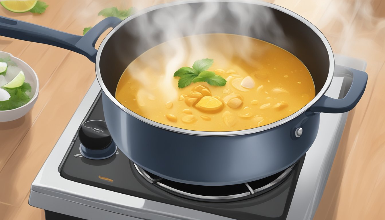 A pot of coconut curry soup being gently reheated on a stovetop, with steam rising from the simmering liquid