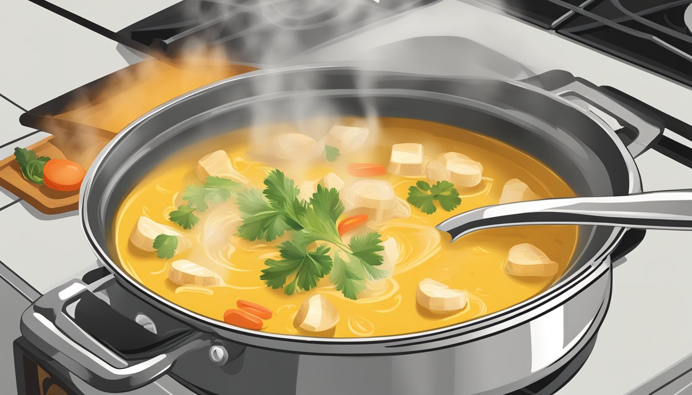 A pot of coconut curry soup being heated on a stove