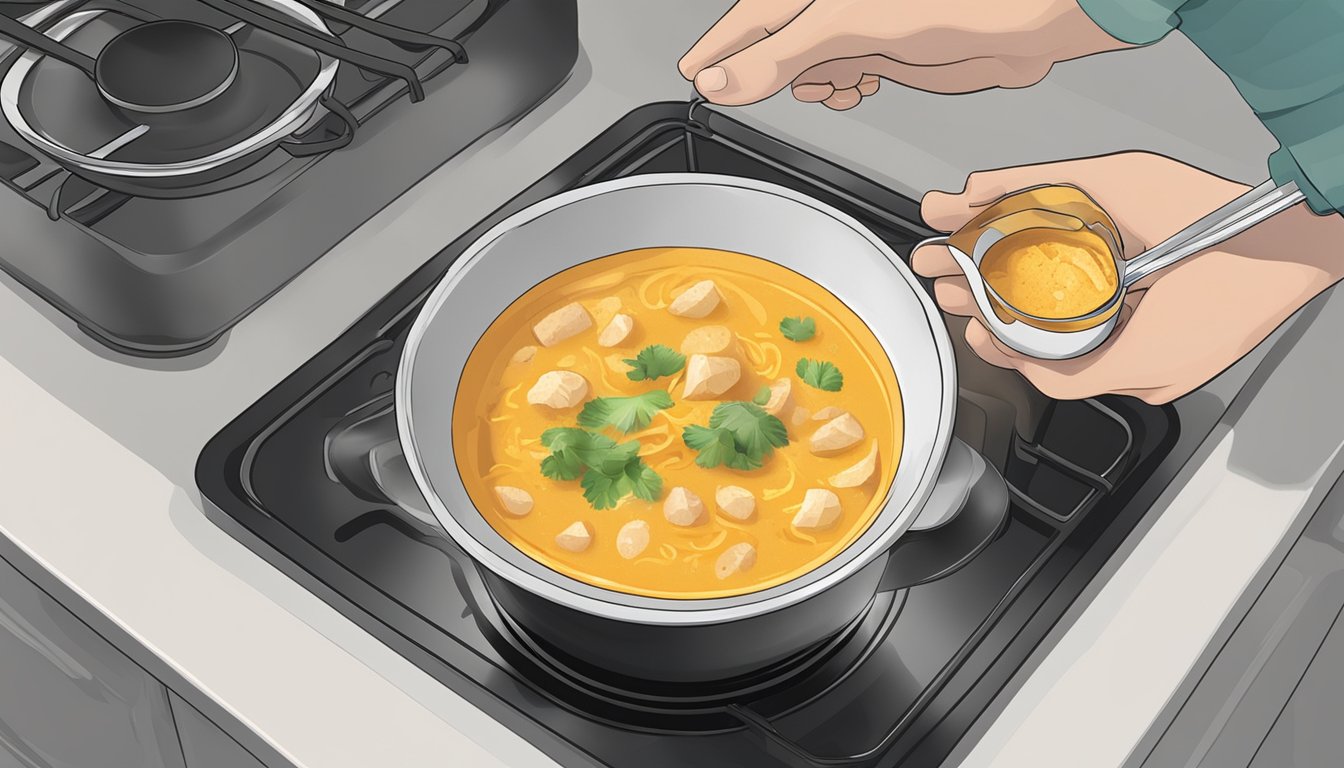 A steaming bowl of coconut curry soup being gently reheated on a stovetop