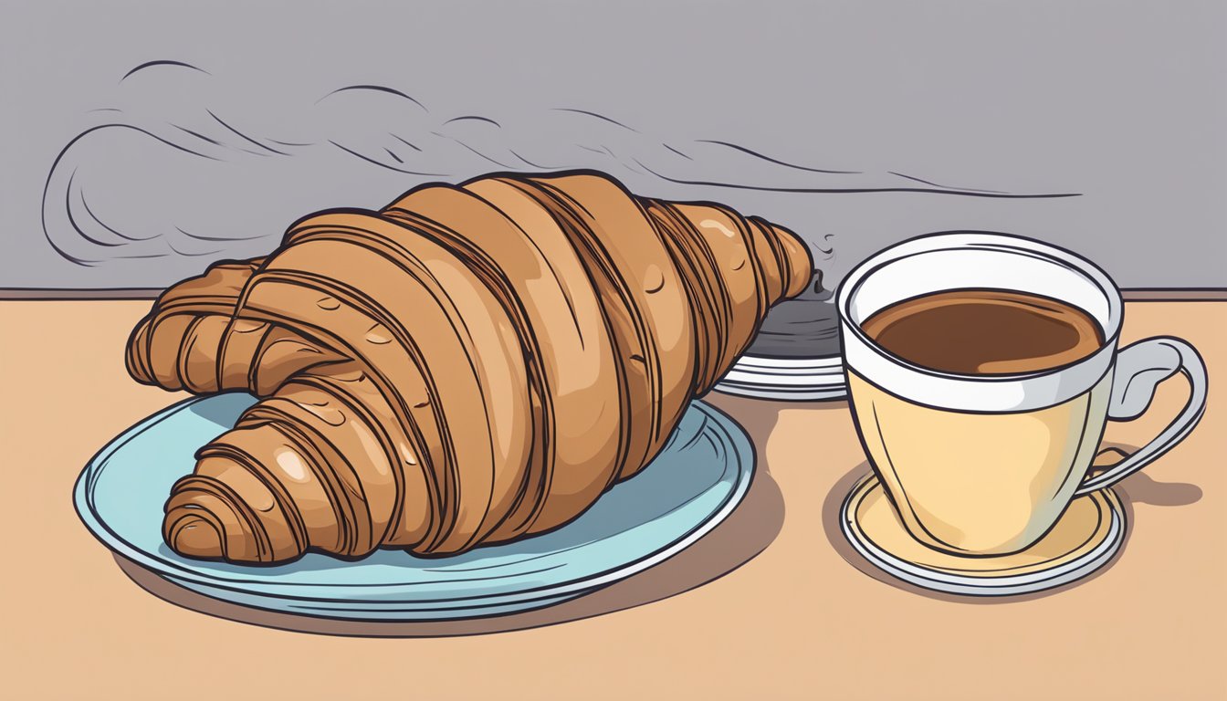 A chocolate croissant sits on a plate next to a steaming cup of coffee, with a microwave in the background