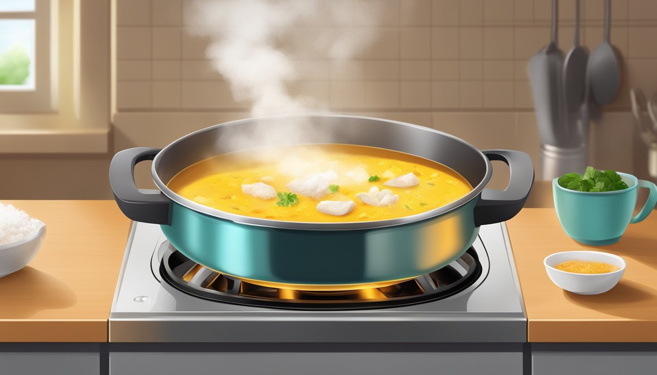 A pot of coconut curry soup being gently reheated on a stovetop, with steam rising and the rich aroma filling the kitchen