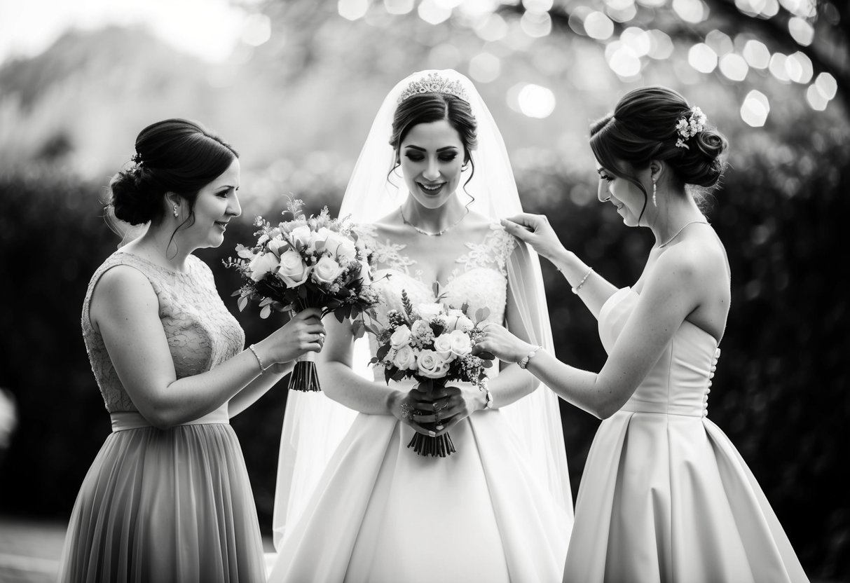 A maid of honour holds the bride's bouquet while the chief bridesmaid adjusts the bride's train. Both play important roles in the wedding