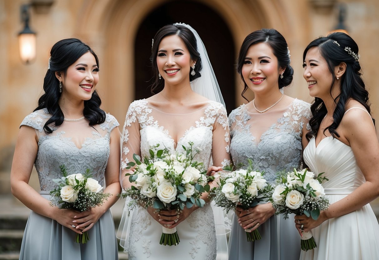 A maid of honor and chief bridesmaid stand side by side, each holding a bouquet. The maid of honor's dress is slightly more elaborate, with intricate lace detailing, while the chief bridesmaid's dress is simpler but still elegant. Both women have warm smiles on their faces