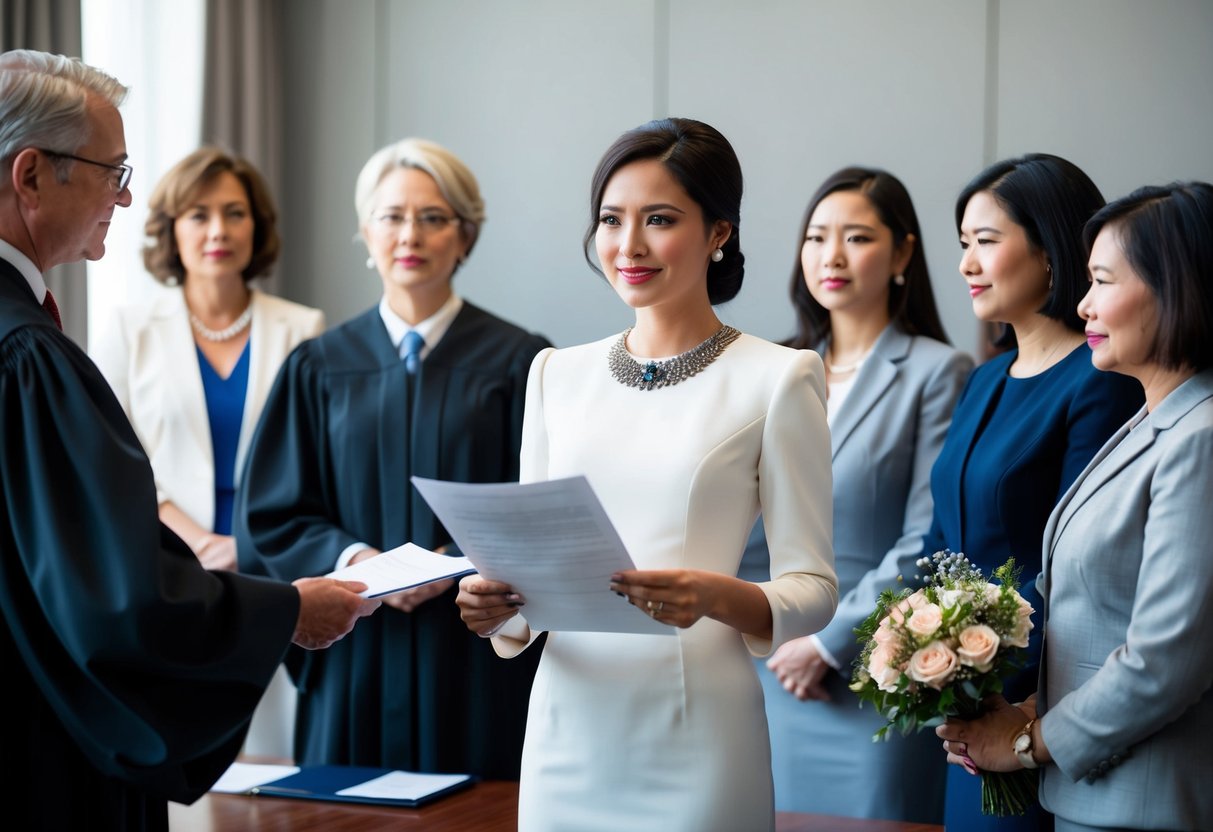 A woman in a formal dress stands before a judge and a witness, while holding a legal document. A group of women in similar attire stand nearby, one of them holding a bouquet of flowers