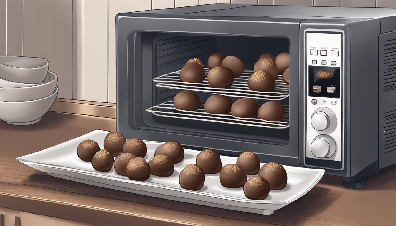 A plate of chocolate truffles being gently warmed in a microwave